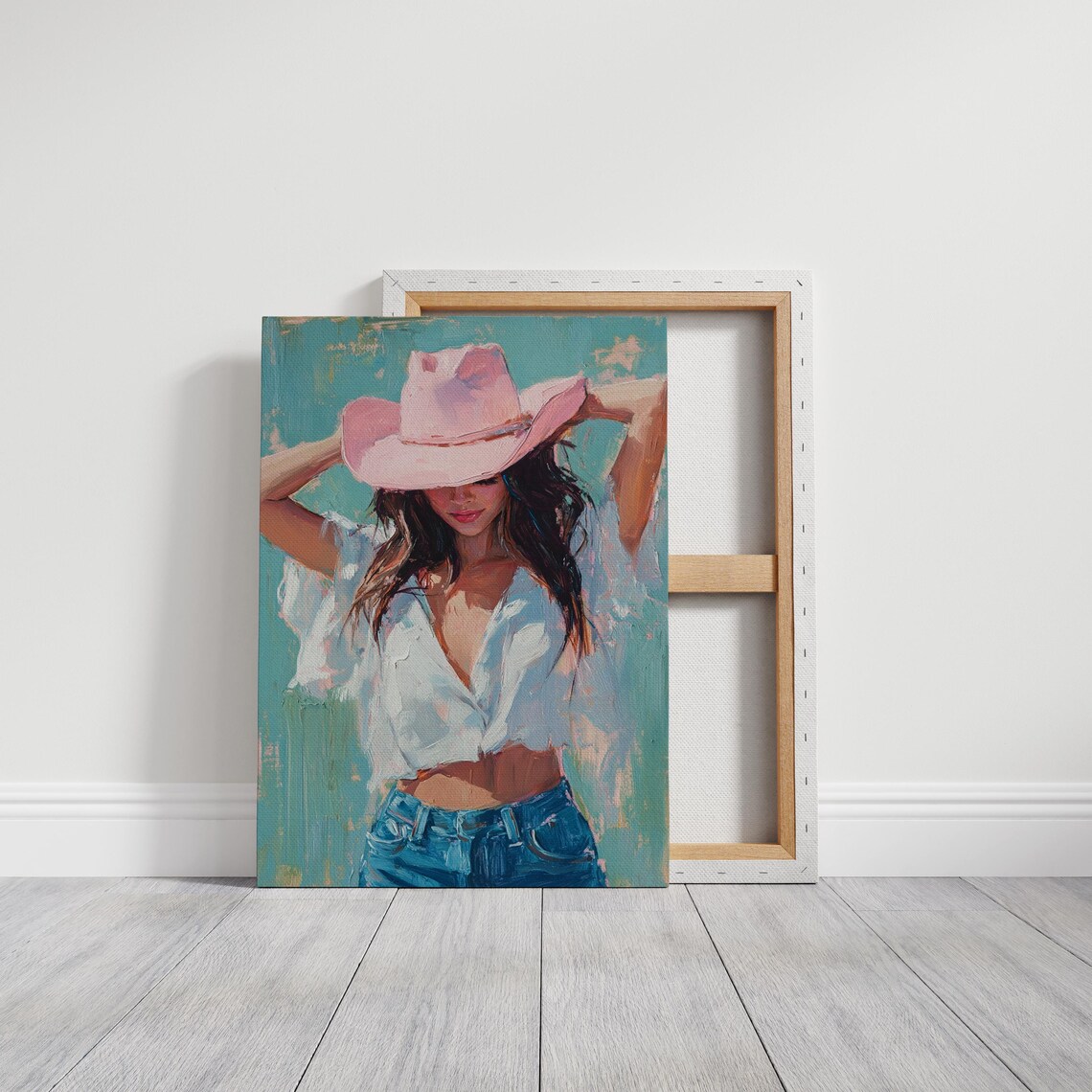 Cowgirl Pink Hat White Blouse Denim Western Oil Painting Wall Art - Image 2