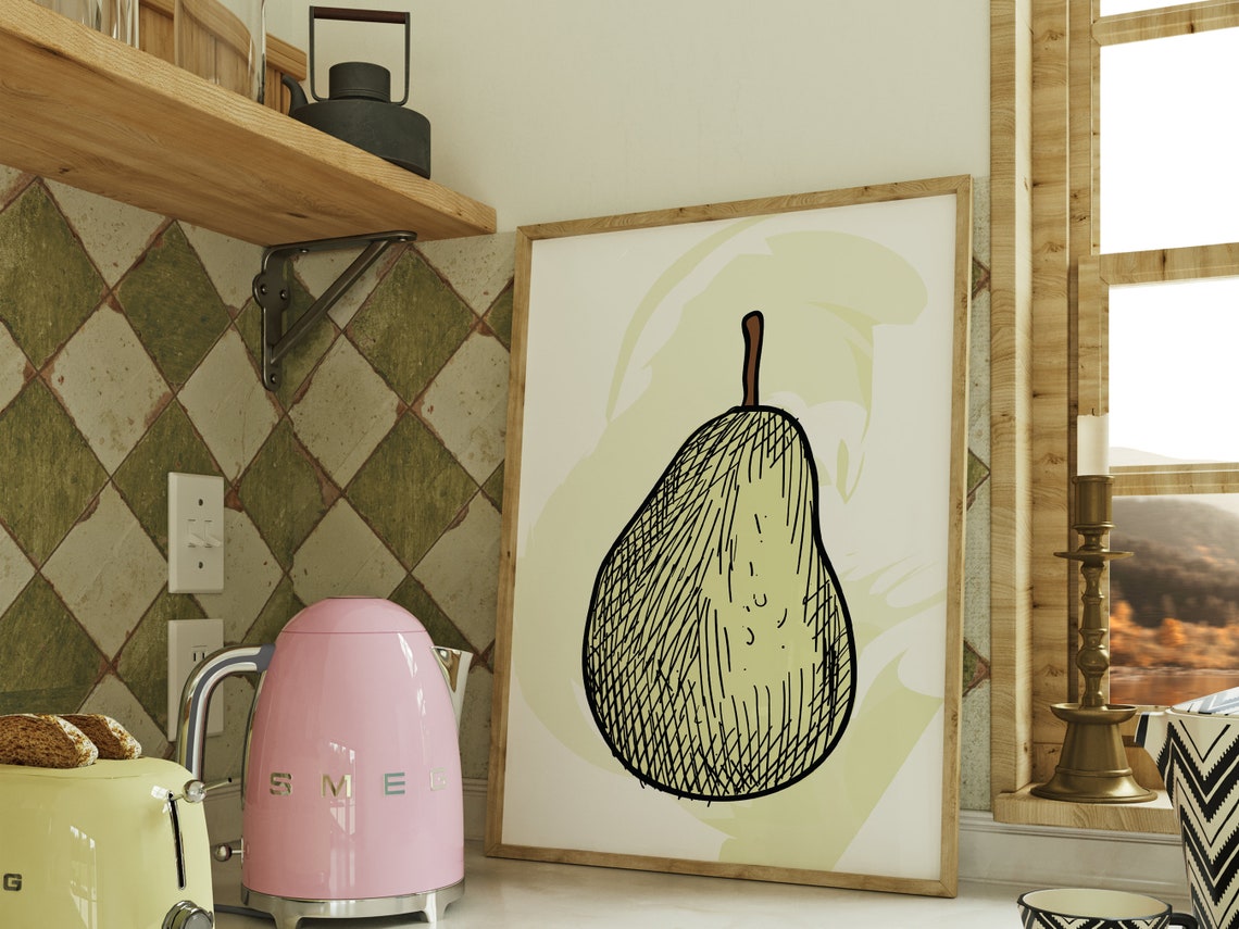 Pear Fruit Retro Sketch Kitchen Wall Art Boho Green Minimalist Poster - Image 4