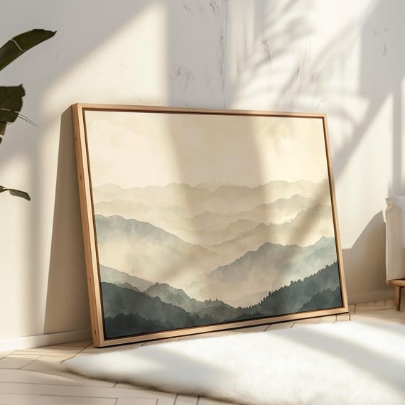 Misty Mountain Landscape Wall Art Neutral Watercolor Print For Home Decor