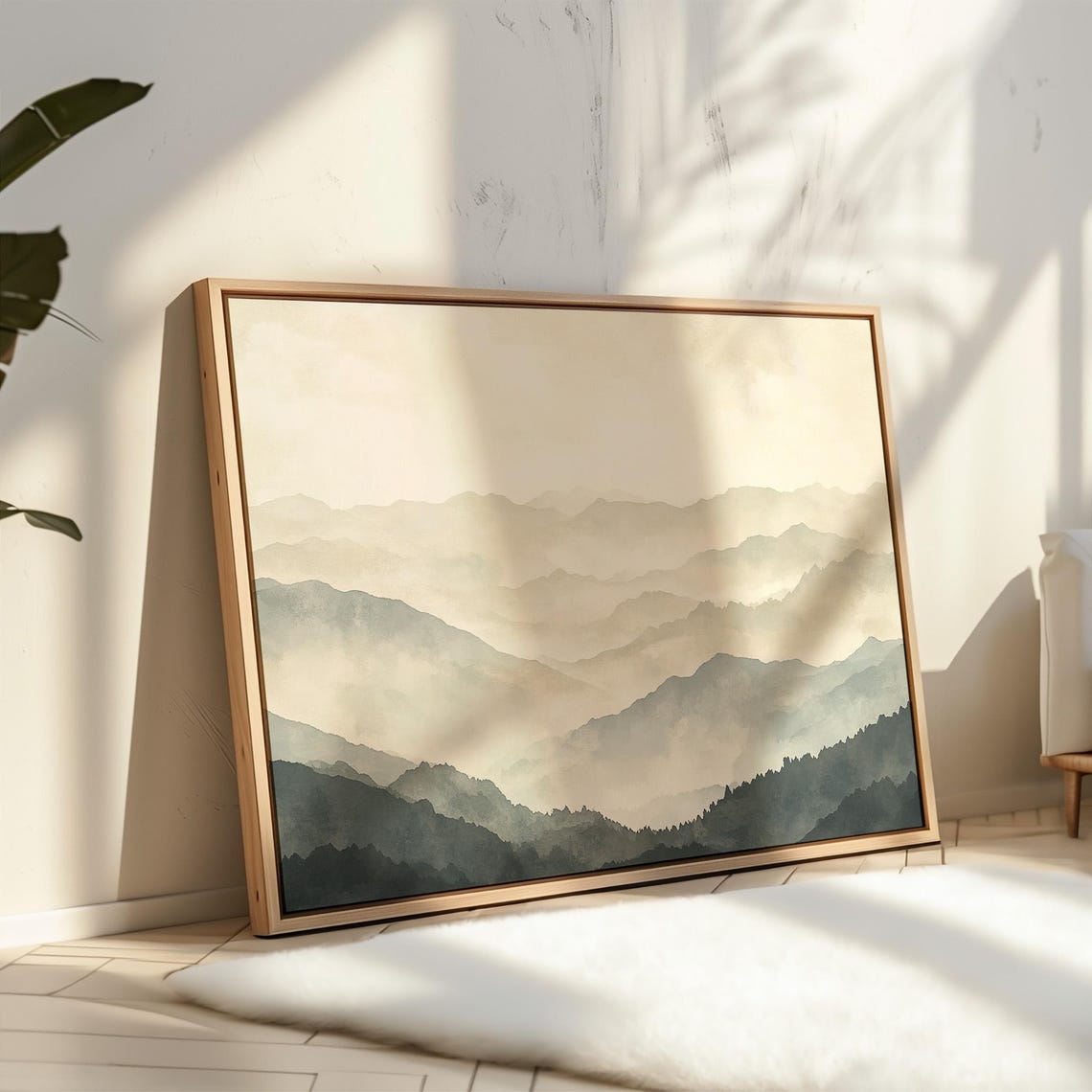 Misty Mountain Landscape Wall Art Neutral Watercolor Print For Home Decor