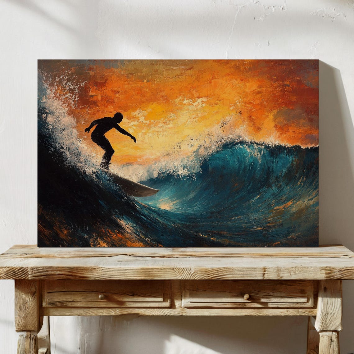 Surfer Silhouette Riding Sunset Wave Teal Orange Ocean Wall Art - Image 3