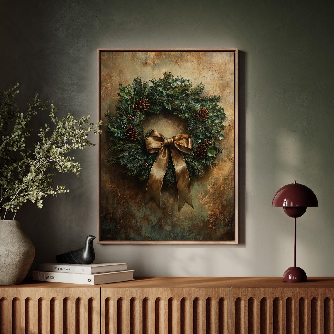 Elegant Holiday Wreath With Gold Bow Pinecones Vintage Christmas Print - Image 5