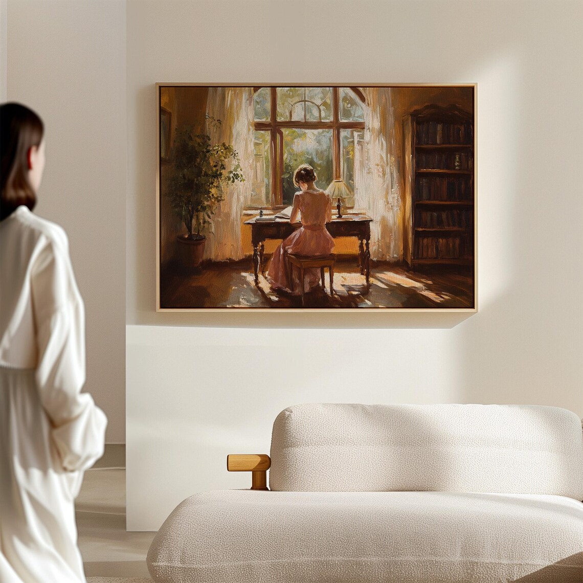 Woman Writing at Desk Before Sunlit Window Romantic Library Poster - Image 3