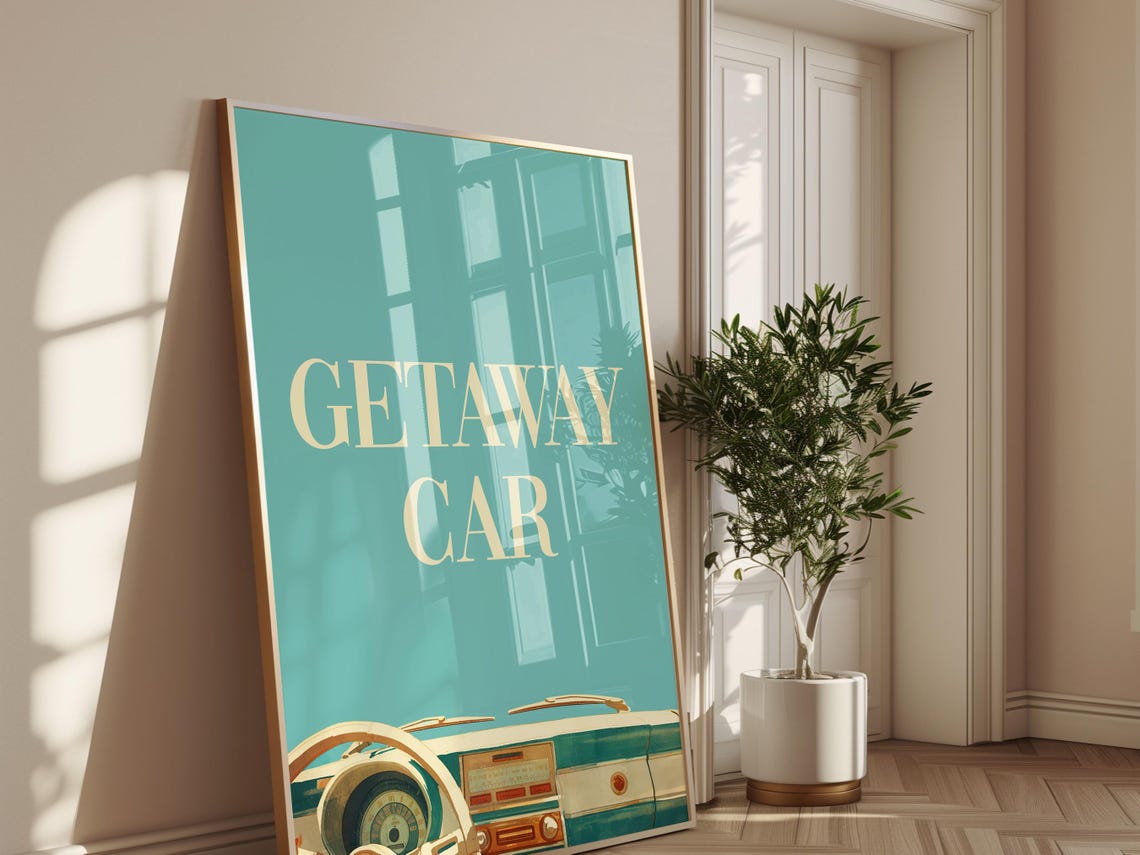 Getaway Car Vintage Teal Retro Classic Car Interior Wall Poster