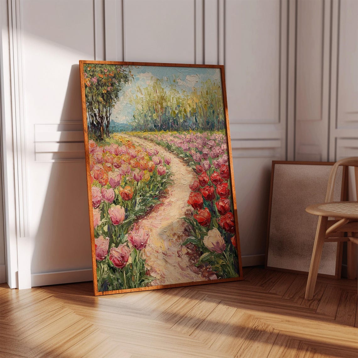 Colorful Tulip Field Pathway, Impressionist Landscape - Image 4