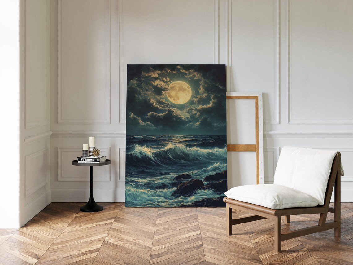 Full Moon Over Ocean Waves, Moody Seascape Art Print - Image 4