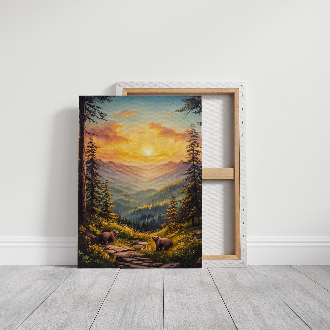 Two Bears Wandering in Golden Sunset Forest Valley Mountain Poster - Image 5