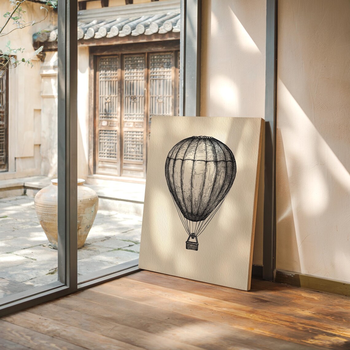Vintage Hot Air Balloon Drawing, Retro Travel Art - Image 2