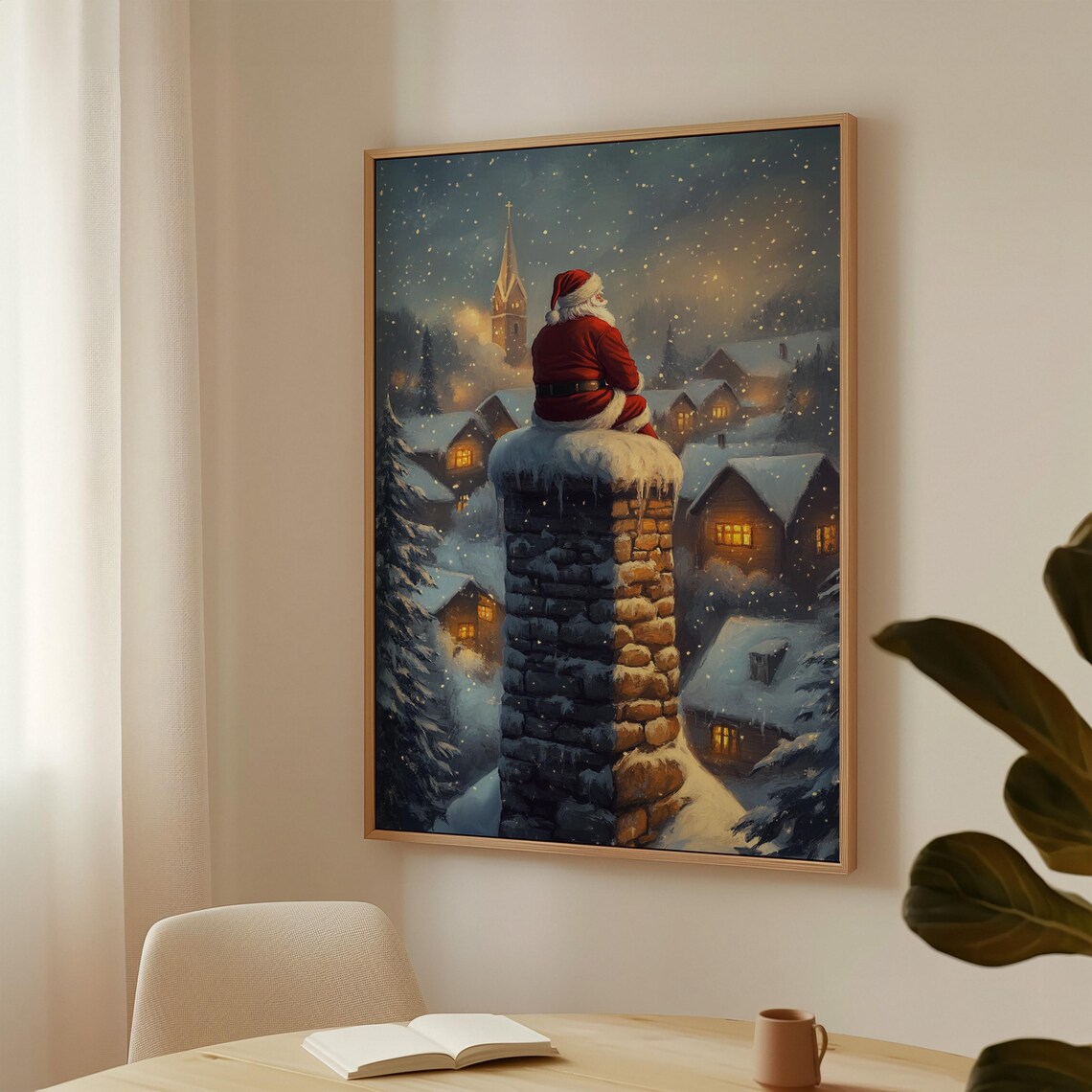Santa On Chimney Overlooking Snowy Village At Night Christmas Poster - Image 3