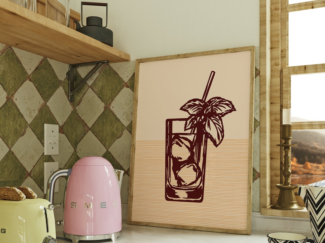 Minimalist Cocktail Glass Line Art Basil Straw Retro Kitchen Wall Poster