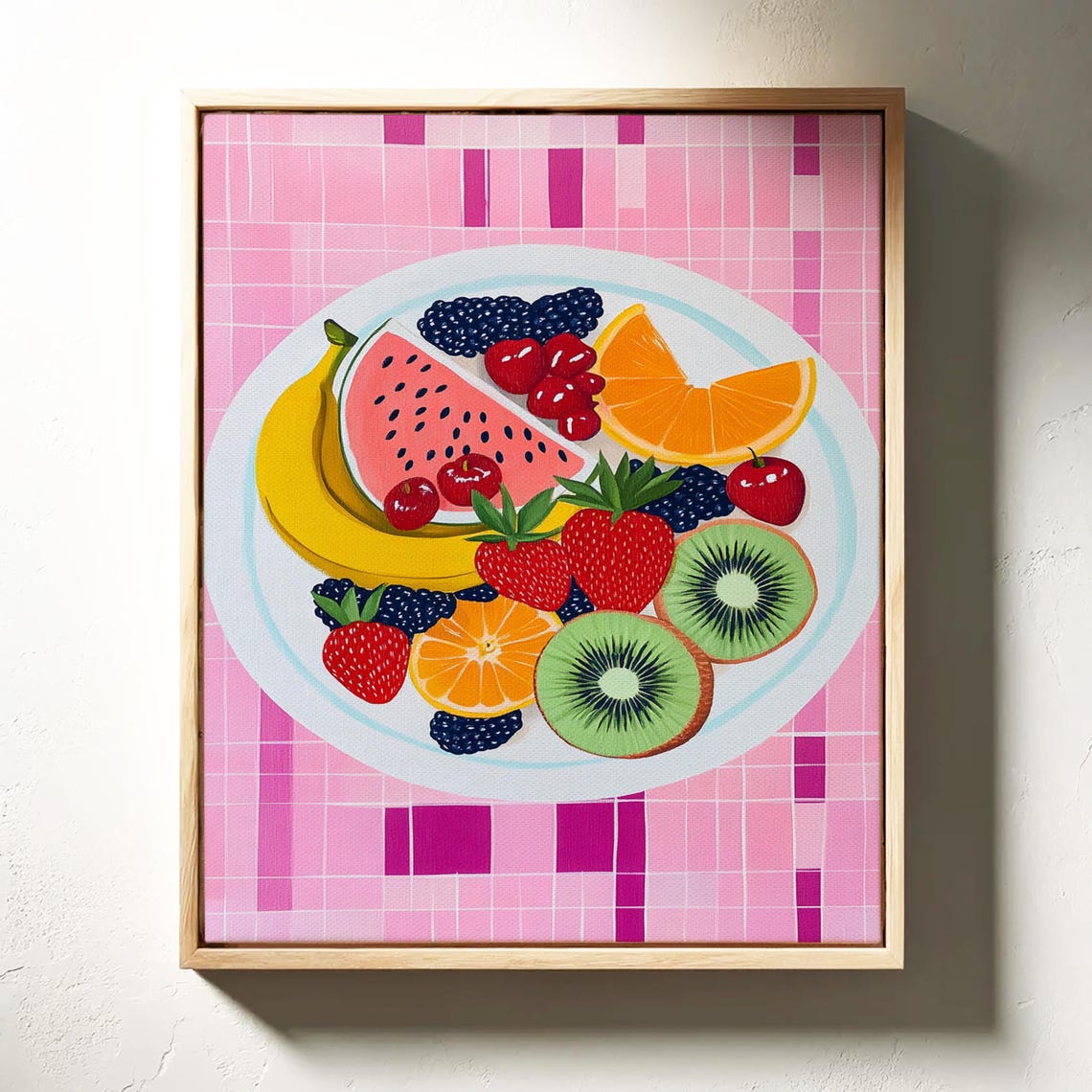 Colorful Fruit Plate Watermelon Kiwi Berries Pink Checkered Art Poster - Image 2