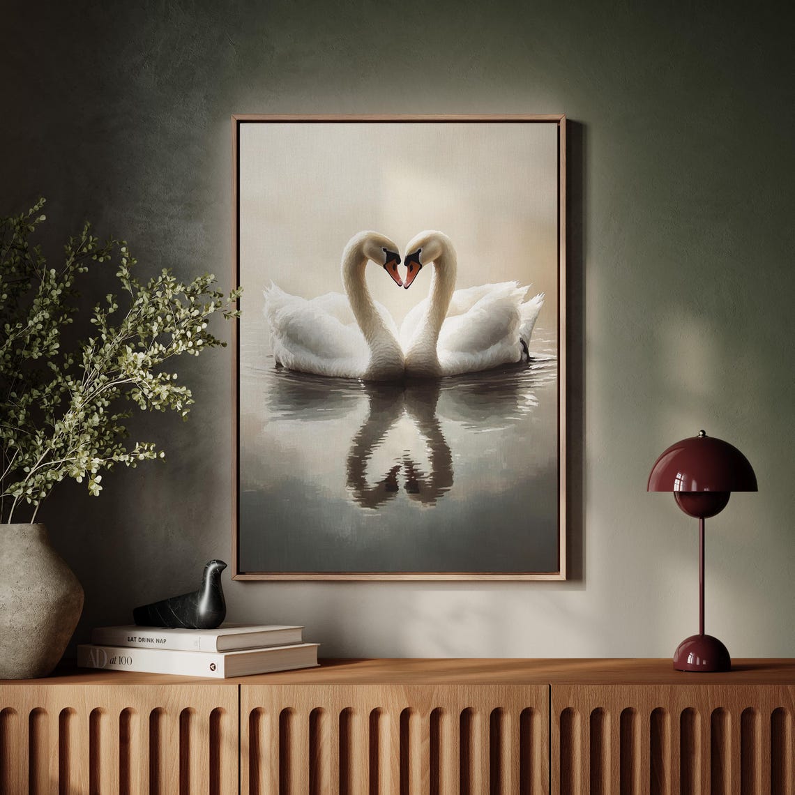 Two White Swans Heart Shape Calm Water Reflection Romantic Art Print - Image 5