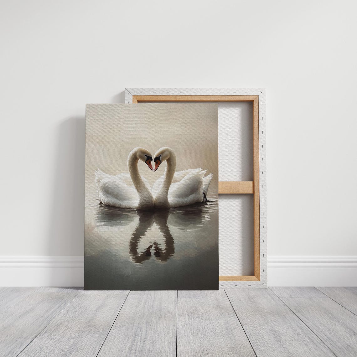 Two White Swans Heart Shape Calm Water Reflection Romantic Art Print - Image 3