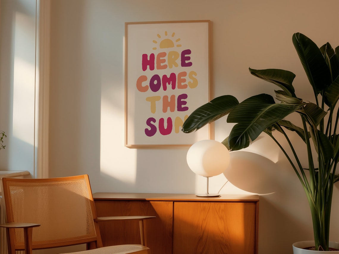 Here Comes The Sun Rainbow Block Letters Sunshine Kids Room Poster - Image 2