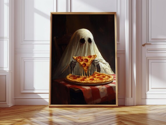Creepy Ghost Eating Pizza, Horror Foodie Art Print
