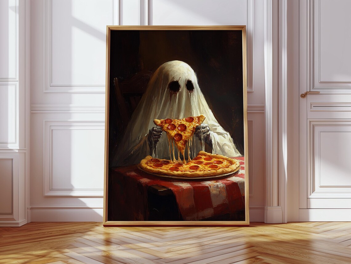 Creepy Ghost Eating Pizza, Horror Foodie Art Print