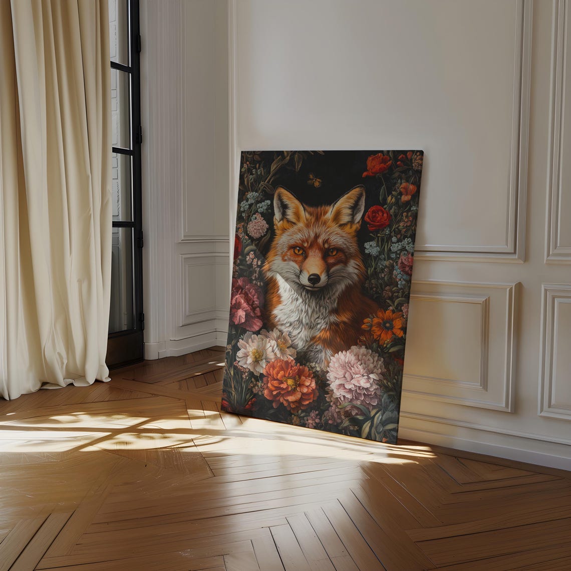 Red Fox Floral Portrait Wildflower Dark Botanical Rustic Nature Poster - Image 2