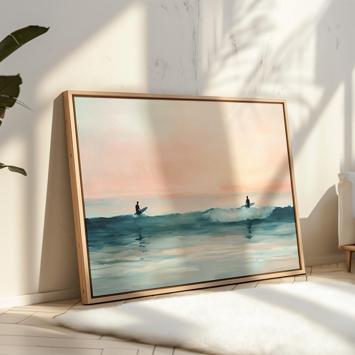 Two Surfers At Sunset Pastel Ocean Waves Silhouette Art Poster - Image 4