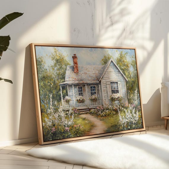 Charming Country Cottage With Blooming Garden Rustic Farmhouse Wall Art Vintage Homestead Landscape Print