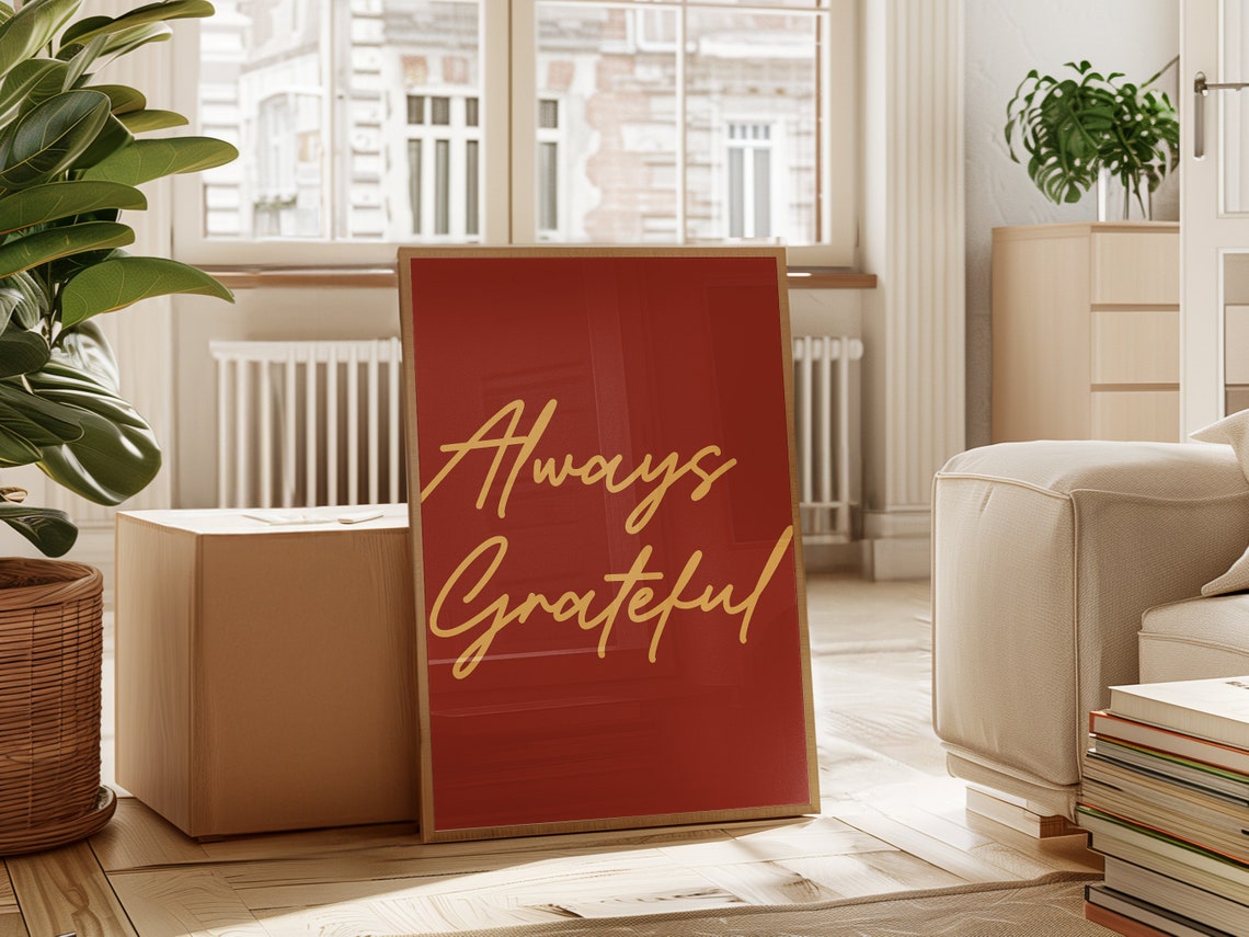 Always Grateful Cream Calligraphy Script On Deep Red Boho Print - Image 4