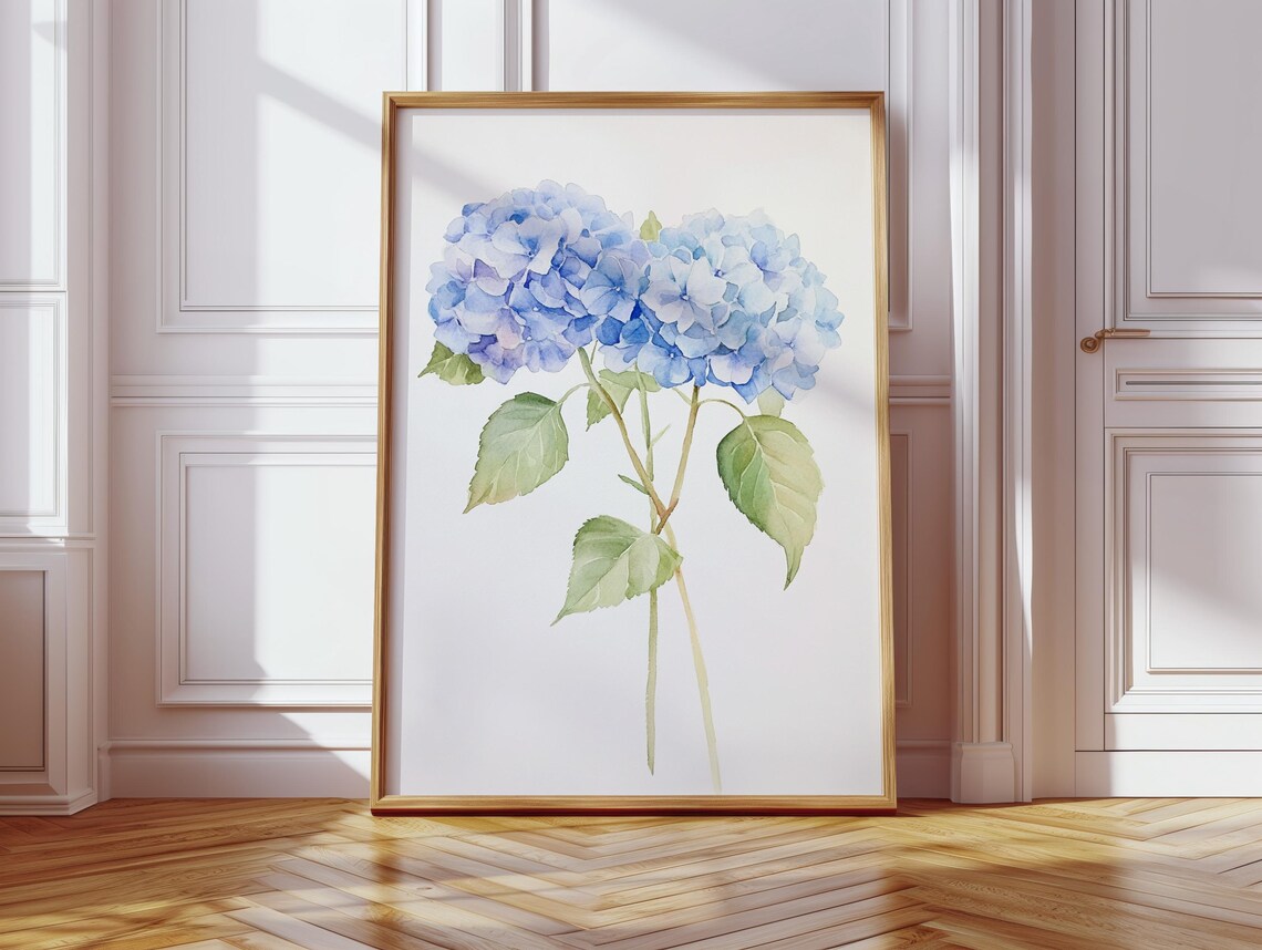 Blue Hydrangea Watercolor Floral Wall Art