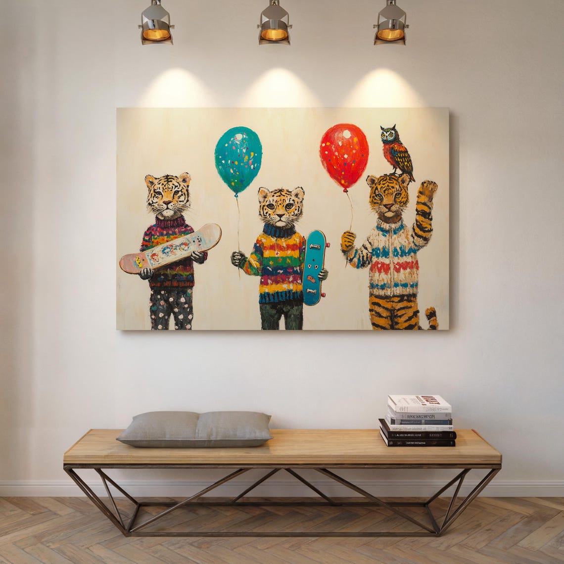 Whimsical Tigers In Sweaters With Balloons And Skateboards Kids Poster - Image 3