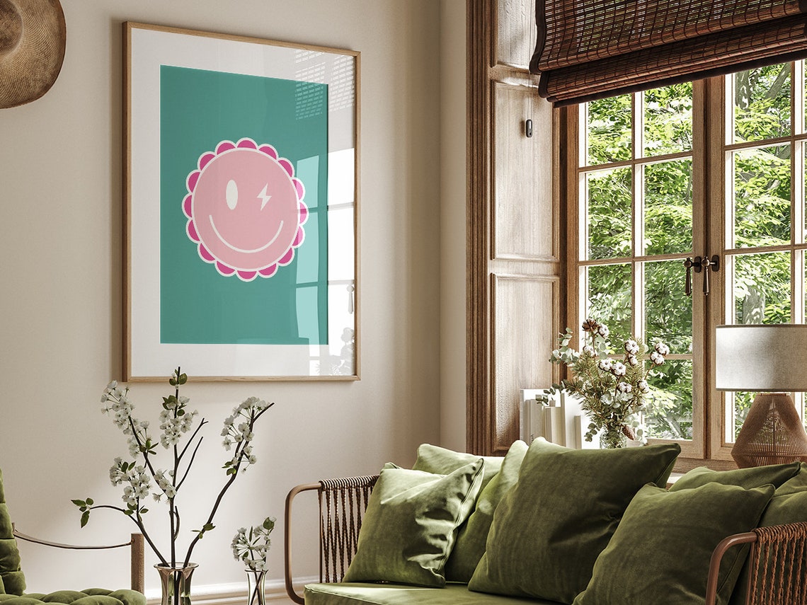 Trendy Pink Winking Smiley Face Retro Groovy Preppy Aesthetic Poster - Image 4