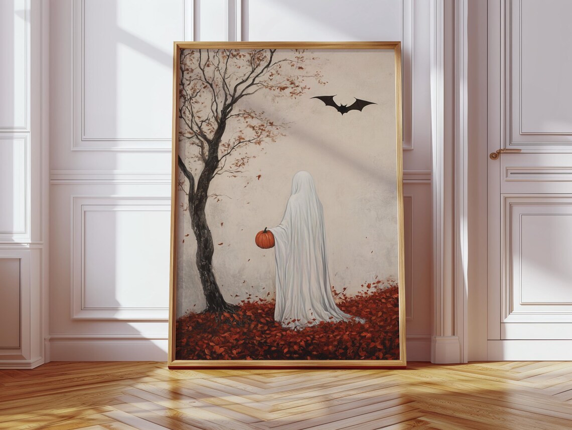 Ghost Holding Pumpkin, Spooky Cozy Autumn Decor