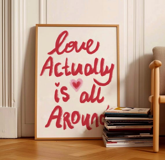 Love Actually Is All Around Print Red Typography Retro Wall Art Preppy Trendy Romantic Poster Cute Dorm Y2k Bedroom Decor