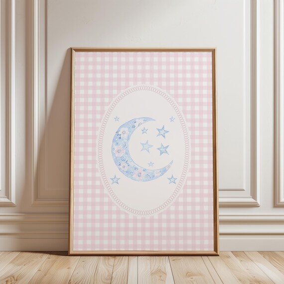 Blue Floral Crescent Moon and Stars Nursery Print Pink Gingham