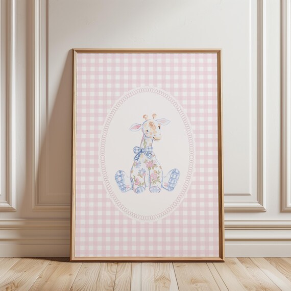 Floral Giraffe With Blue Gingham Bow Nursery Print Pink Gingham