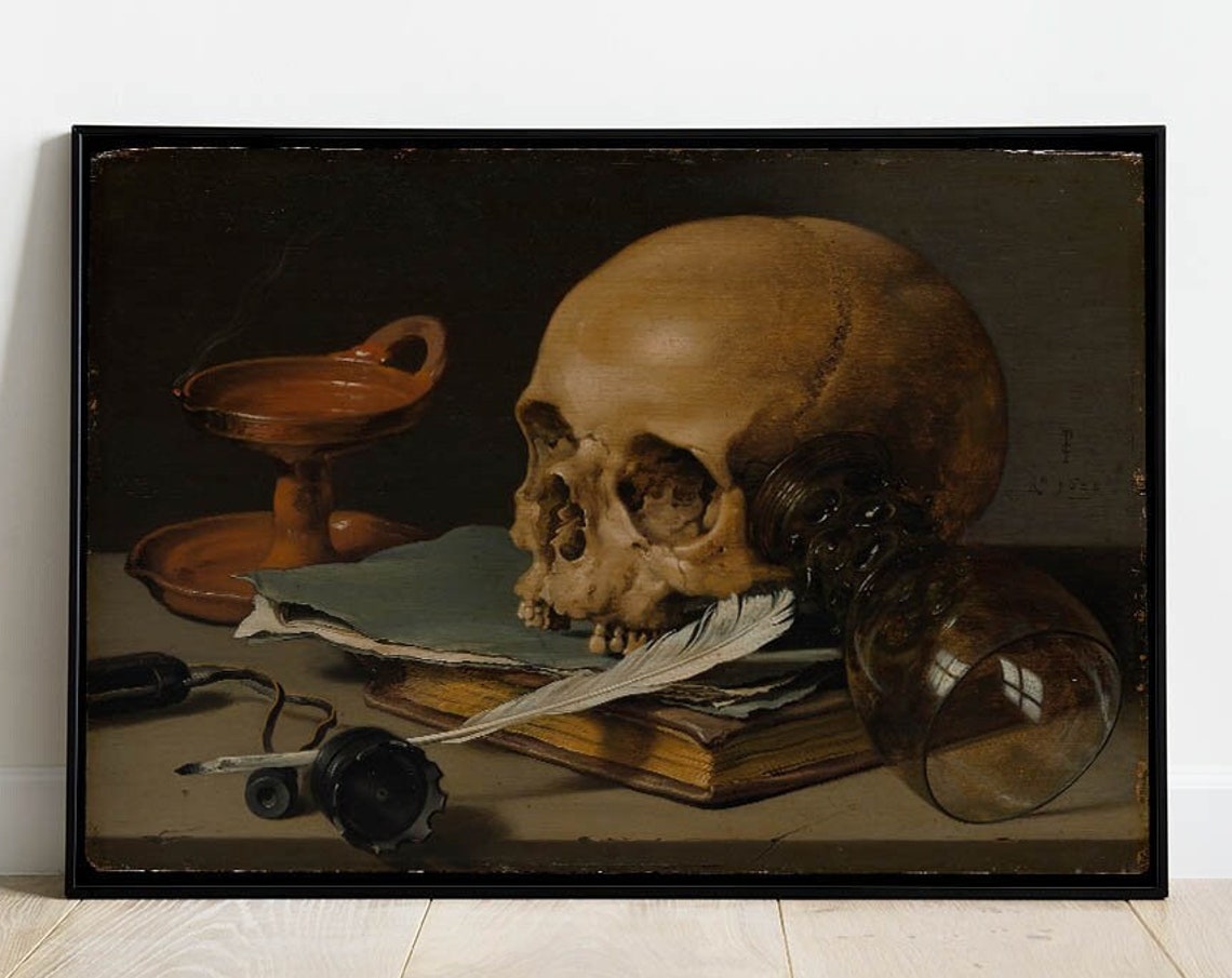 Dark Academia Decor Wall Art Print Skull Still Life Painting Antique Skeleton Gothic Vintage