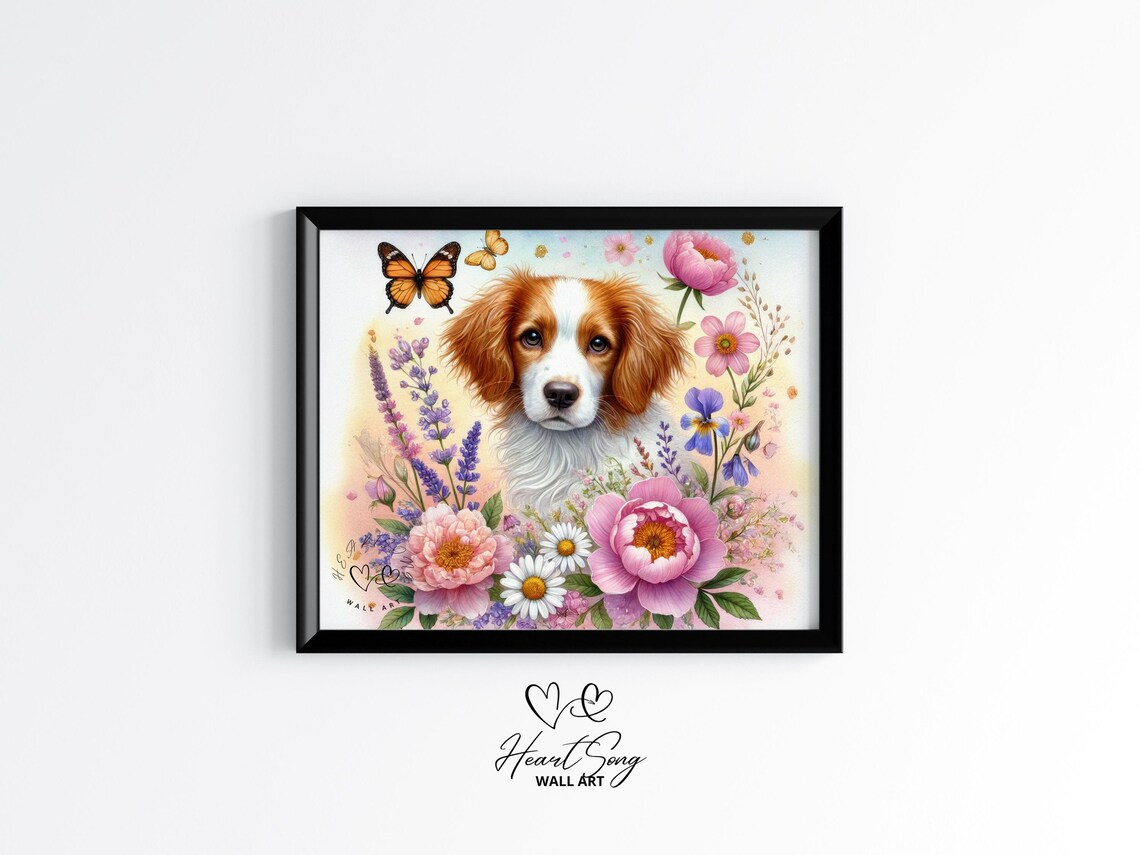 Brittany Spaniel Puppy Among Pastel Flowers Watercolor Poster