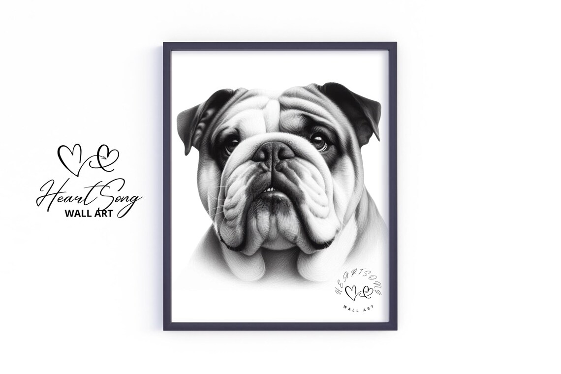 Bulldog Pencil Sketch Breed Portrait Wrinkled Face Black White Poster
