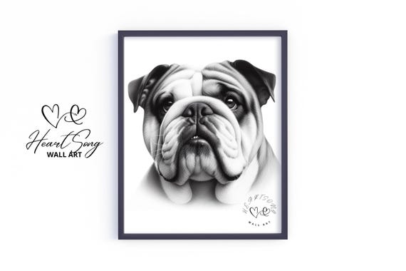 Bulldog Pencil Sketch Moody Cottage Country Home Decor Charming Rustic Holiday Wall Art V448