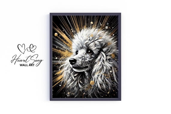 Poodle Dog Wall Art Moody Black And Gold Pet Portrait Vintage Stylish Print Elegant Animal Artwork 361