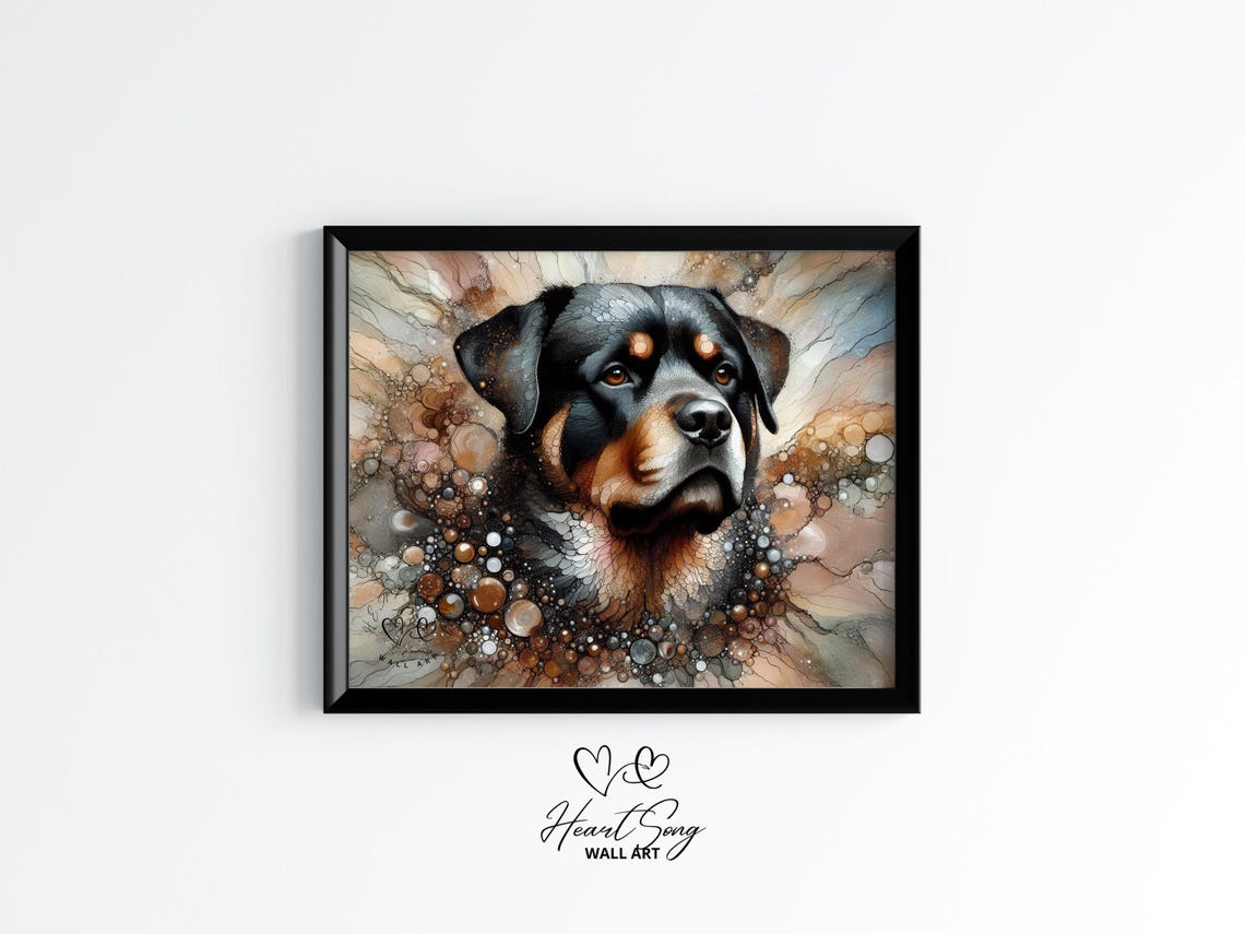 Rottweiler Dog Portrait Earthy Alcohol Ink Bubbles Art Style Poster