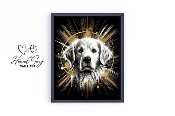 Golden Retriever Dog Wall Art Moody Black And Gold Pet Portrait Vintage Stylish Print Elegant Animal Artwork 357