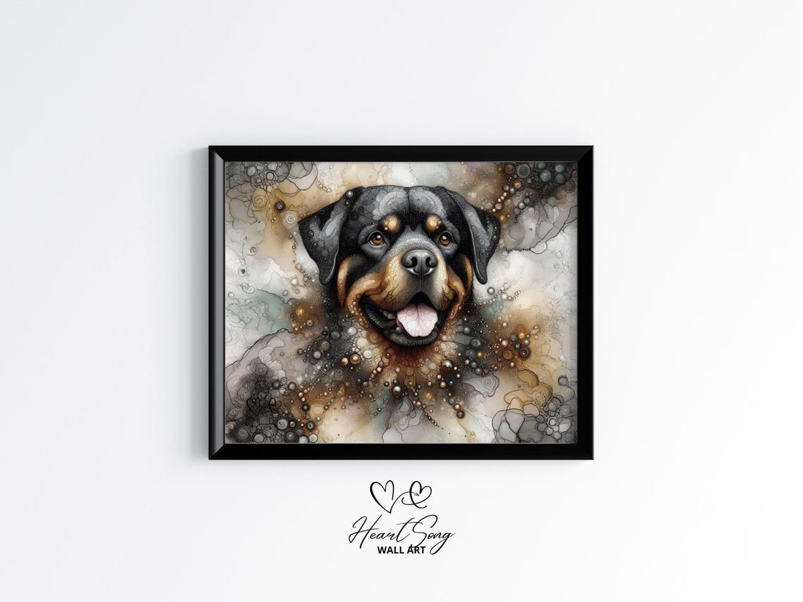 Rottweiler Dog Painting Rustic Abstract Wall Art In A Dreamy Alcohol Ink Composition For Modern Decor Lovers 905
