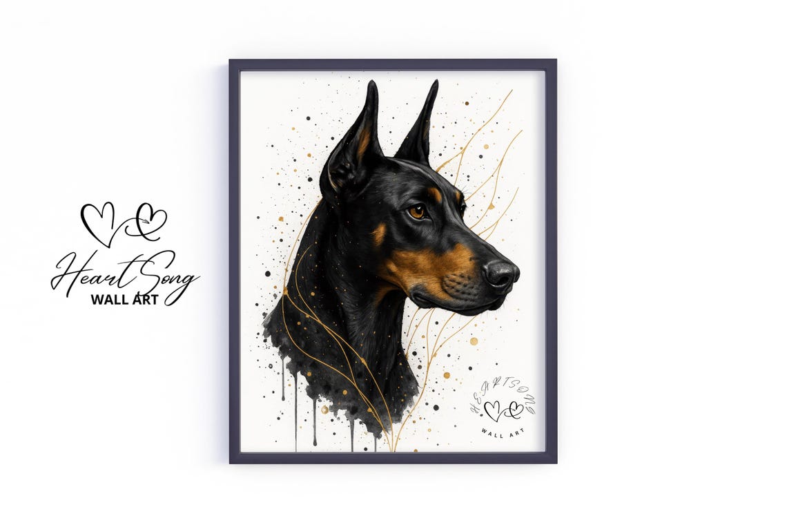 Doberman Pinscher Profile Elegant Ink Gold Splash Art Poster