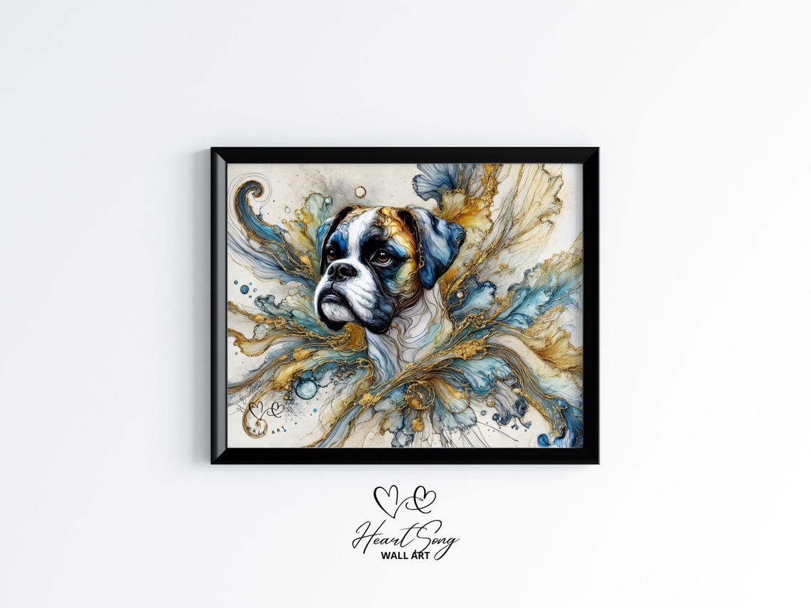 Boxer Dog Portrait Blue Gold Alcohol Ink Splash Dog Lover Gift Poster