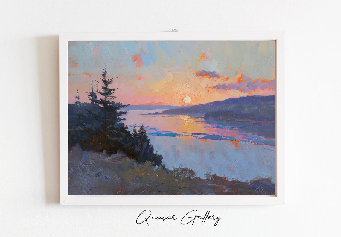 Sunset Lake Art Lake House Print Moody Landscape Art Moody Nature Print Lake Painting Landscape Painting Rural Lake Art - Image 2