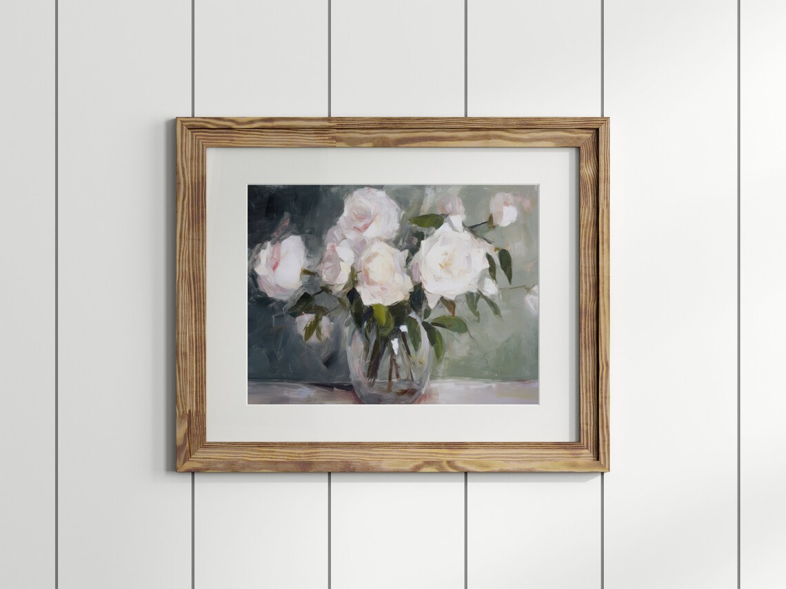 Floral Still Life Dining Room Art Rosein Vase Print Oil Painting Impressionist Flowers Feminine Art Shelf Wall Art Gallery Wall Art - Image 4