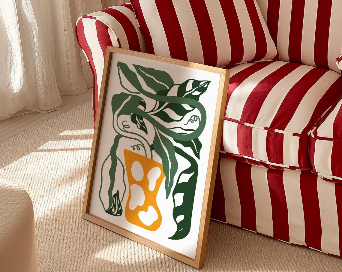 Tropical Green Leaves Abstract Orange Vase Boho Botanical Art Poster - Image 4