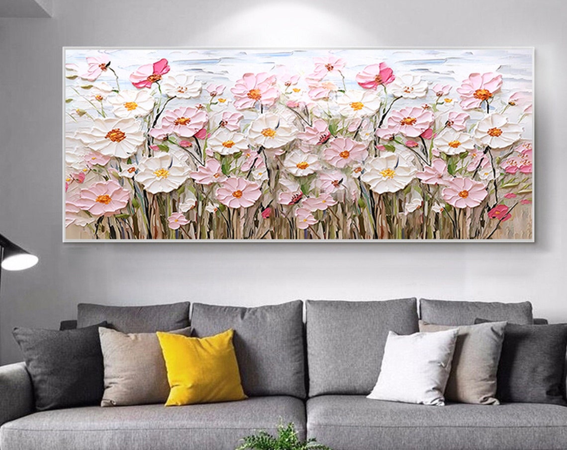 Pink White Cosmos Meadow Golden Stems Panoramic Spring Wall Art