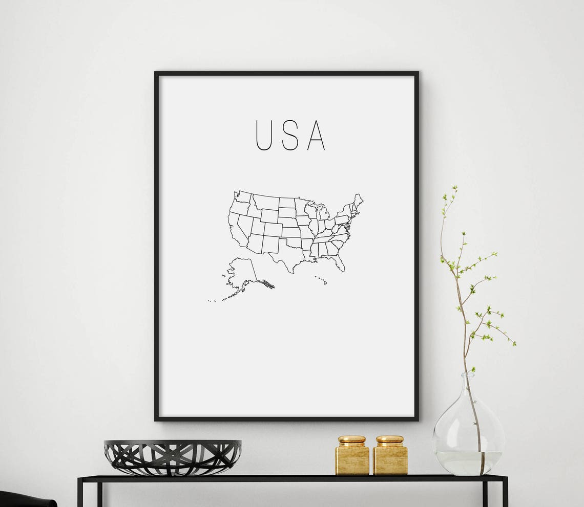 Minimalist USA Outline Map Black and White Wall Decor Poster