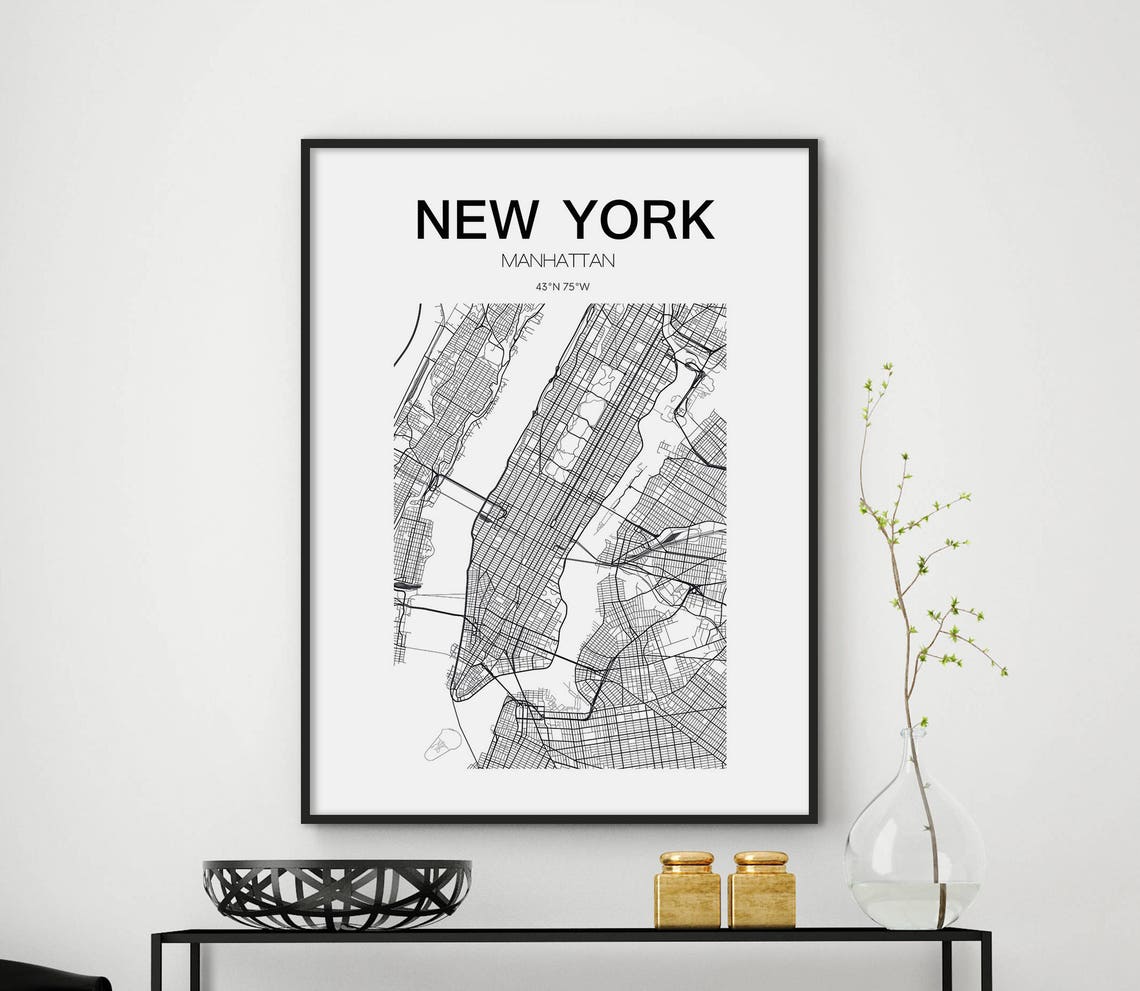New York City Manhattan Street Map Coordinates Black White Poster