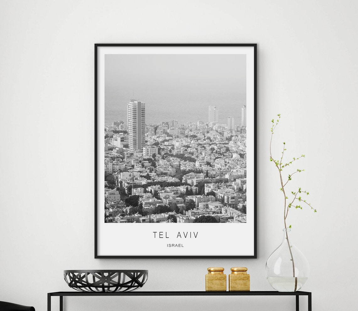 Tel Aviv Israel Black And White Coastal City Skyline Photo Poster