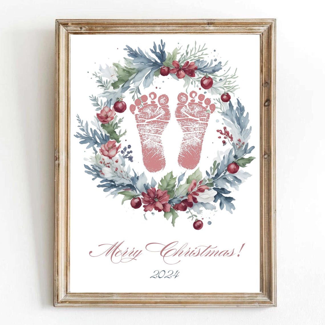 Merry Christmas 2024 Baby Footprint Winter Botanical Wreath Art Poster