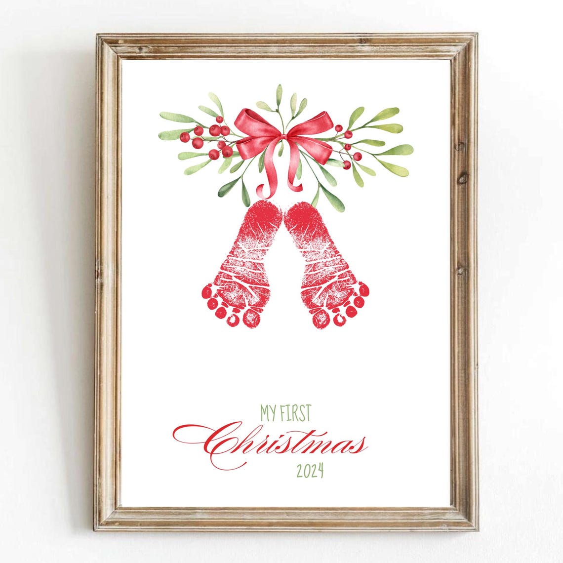 My First Christmas Red Footprint Mistletoe Bow Baby Keepsake Art Print